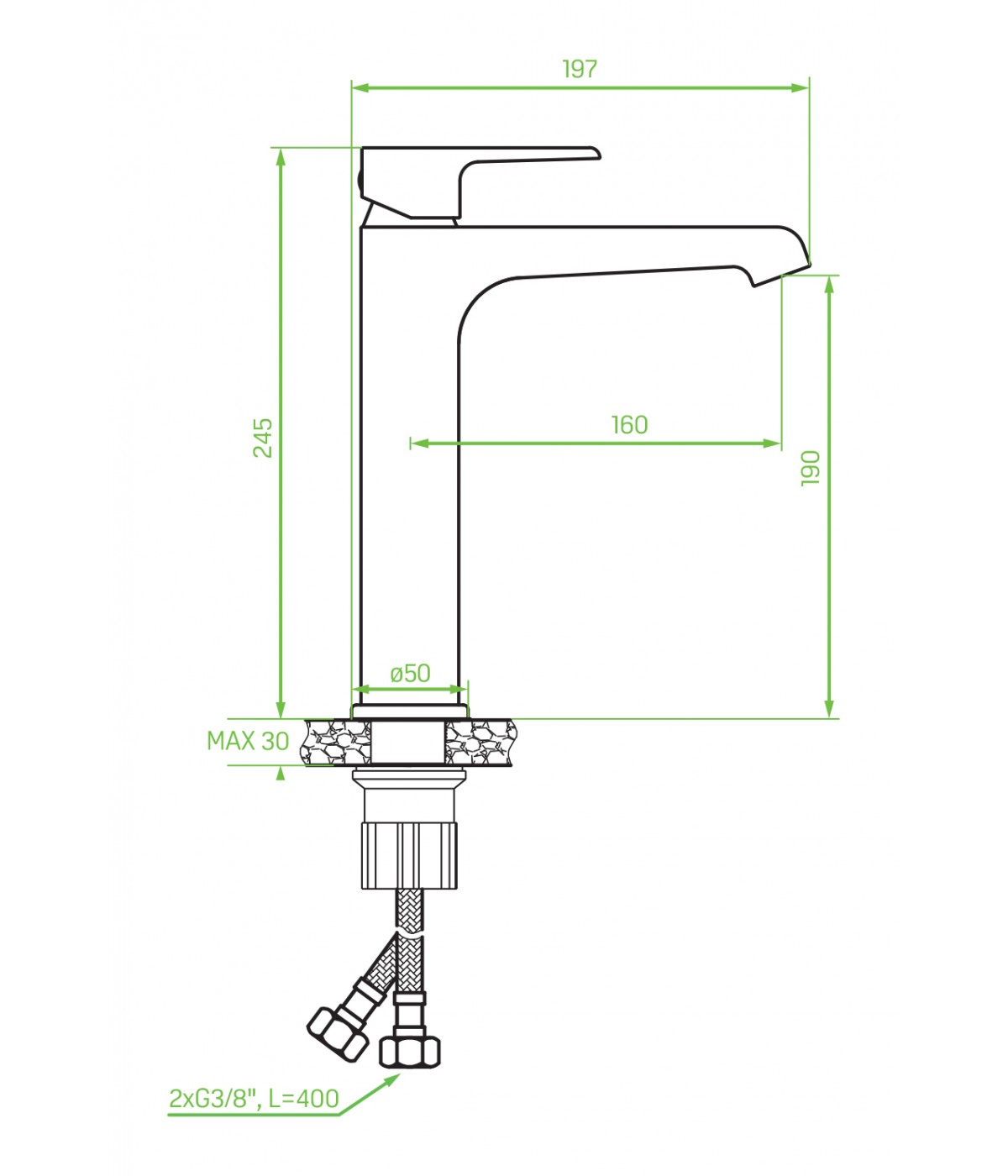 Waschtischarmatur Hoch LARGO Silber Badarmatur Waschtischbatterie + Click-Clack