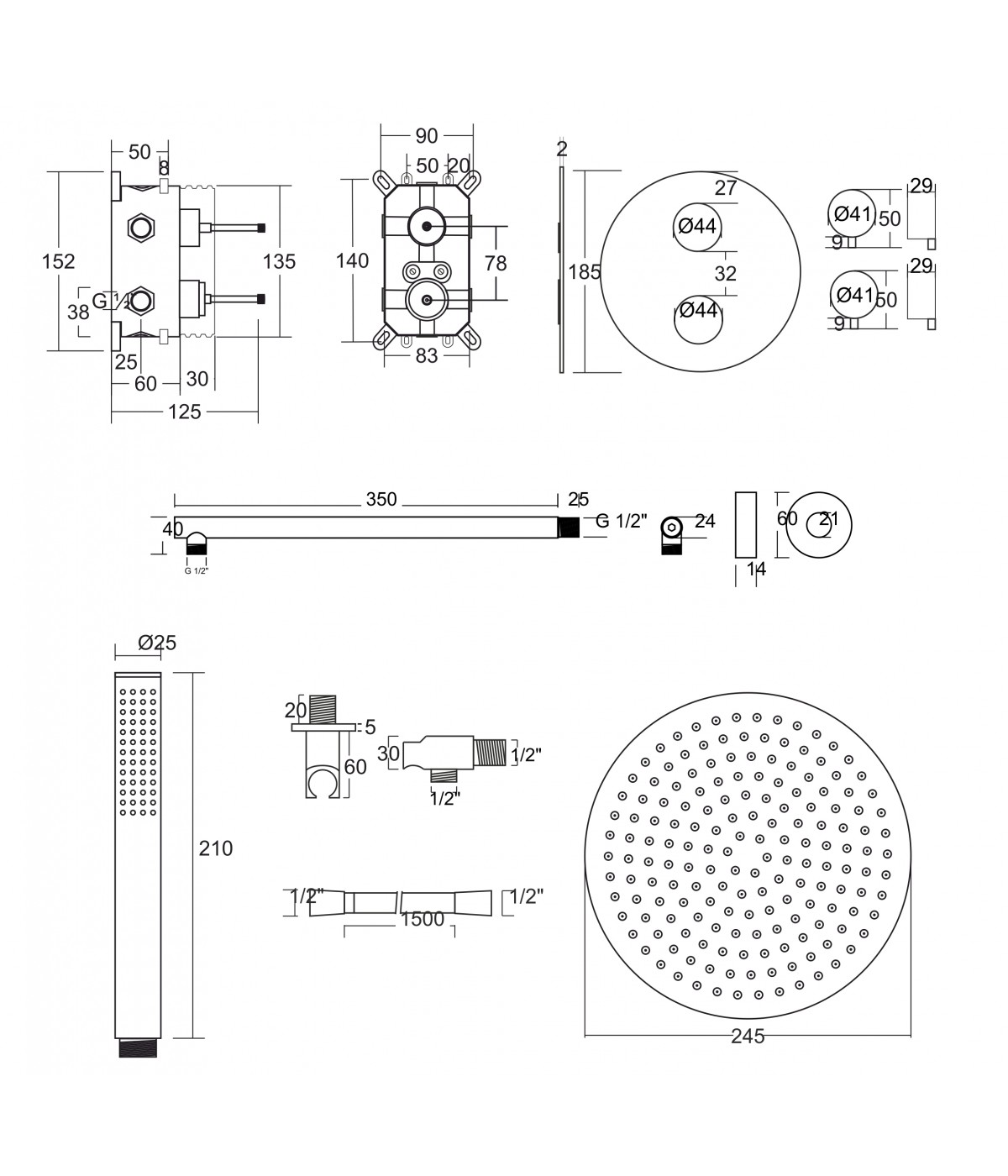 Duschsystem Unterputz Armatur Set LUGO Schwarz Thermostatisch