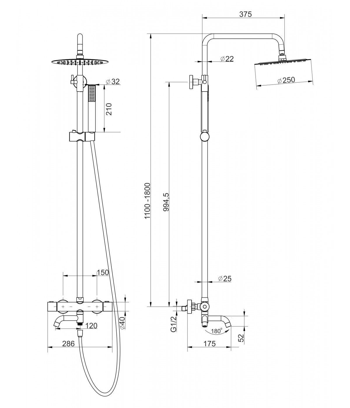 Brausegarnitur LUGO Gold Thermostatisch mit Auslauf, Duschsäule