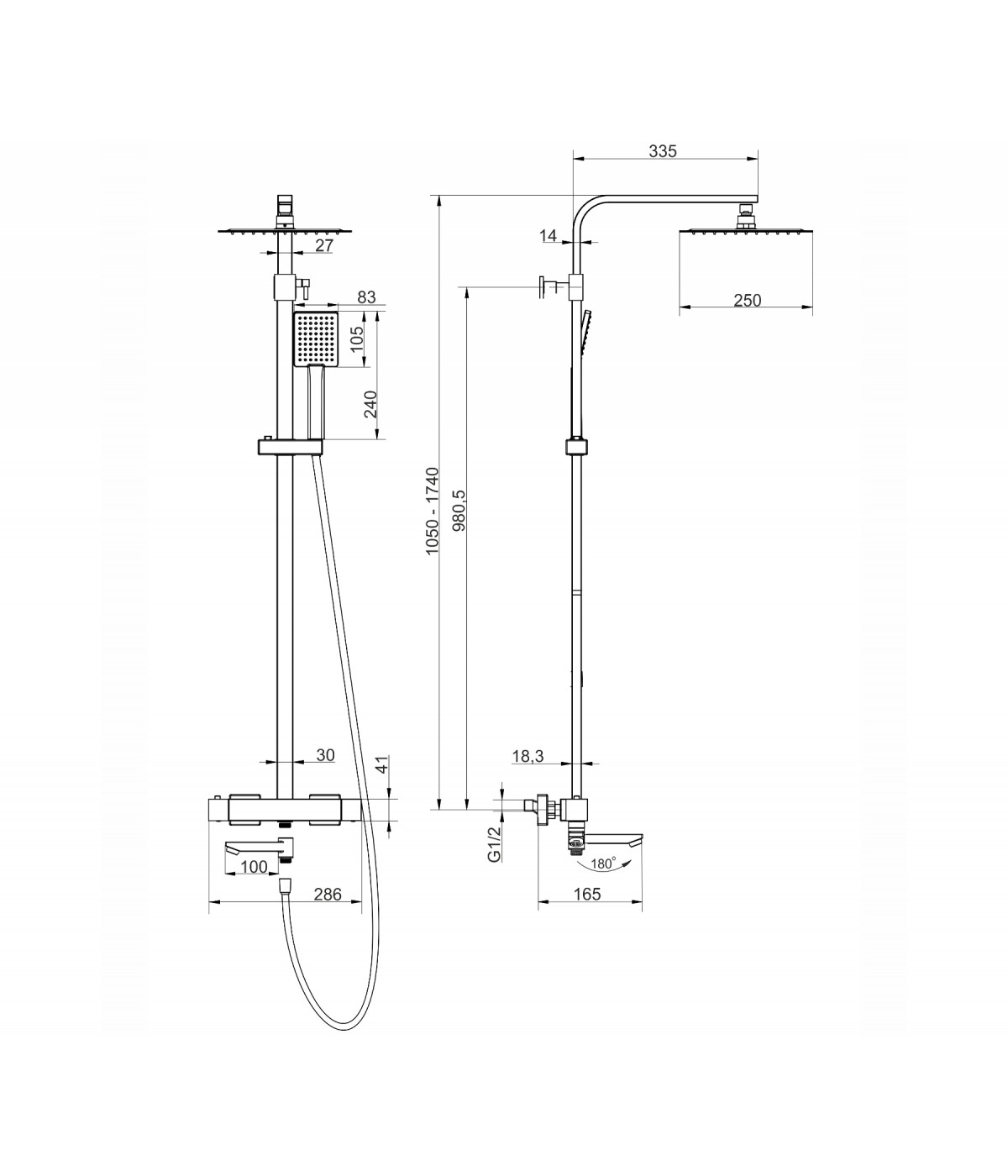 Brausegarnitur ANGOS Chrom Thermostatisch mit Auslauf, Duschsäule