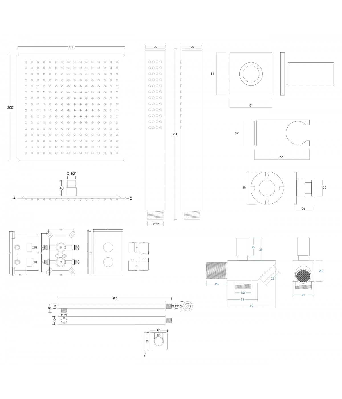 Duschsystem Unterputz Armatur Set ANGOS Schwarz Thermostatisch