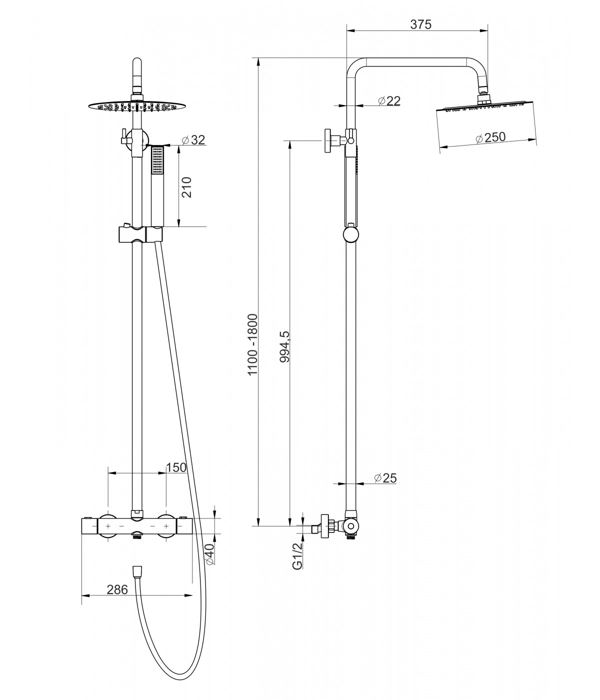 Brausegarnitur LUGO Schwarz Thermostatisch Duschsäule