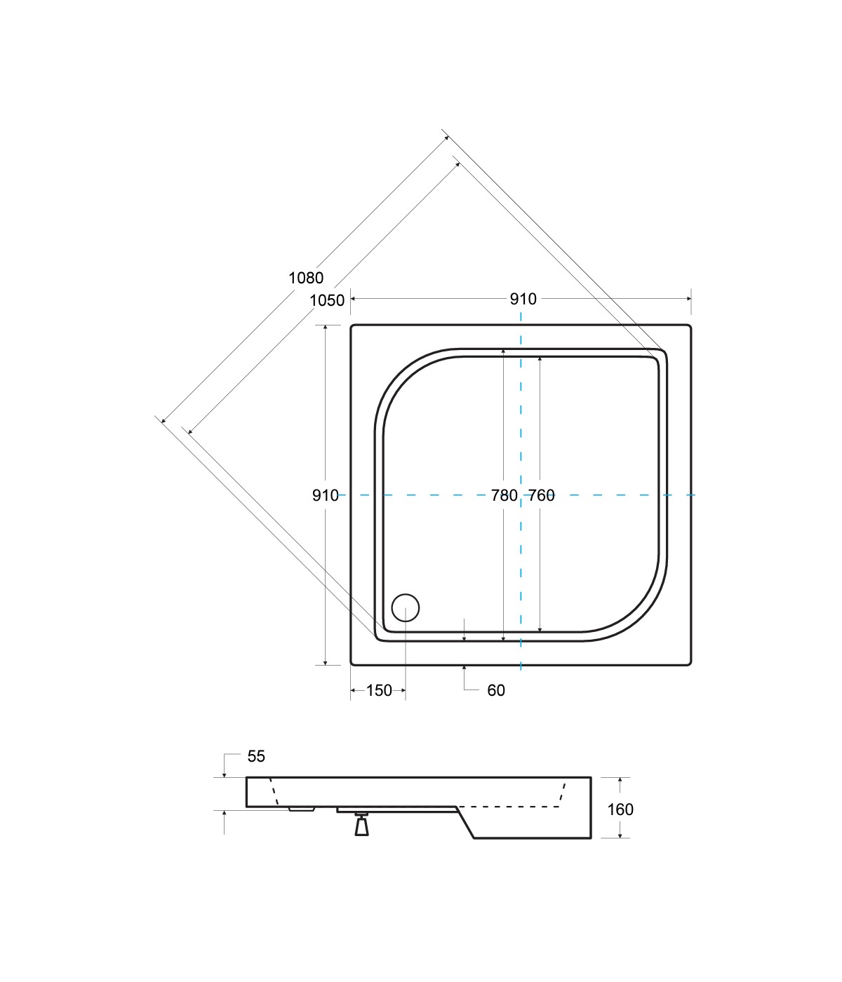 DUSCHWANNE VIERECK 90x90x5,5x16 OSKCAR SCHWARZ Ablaufgarnitur & Füße GRATIS!