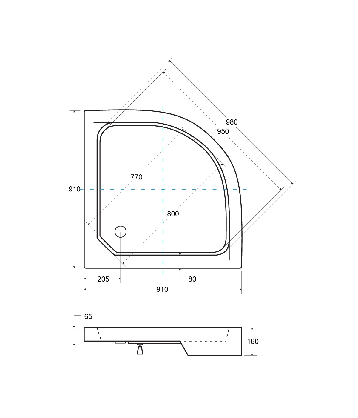 DUSCHWANNE HALBRUND 90x90x6,5x16 ALEXO SCHWARZ Ablaufgarnitur & Füße GRATIS!