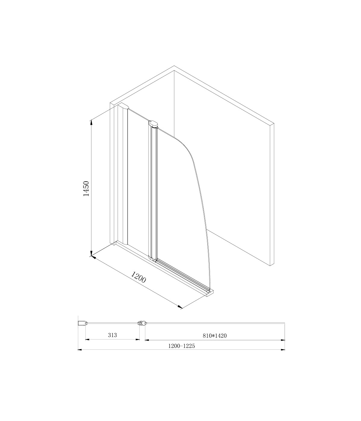 Badewannenabtrennung 2-teilig 120x145 AVIS Glas 6 mm