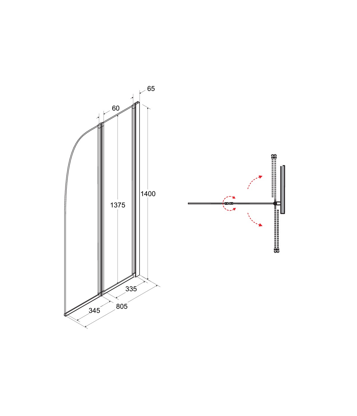 Badewannenabtrennung 2-teilig 80x140 AMBITION 2 Glas 4 mm