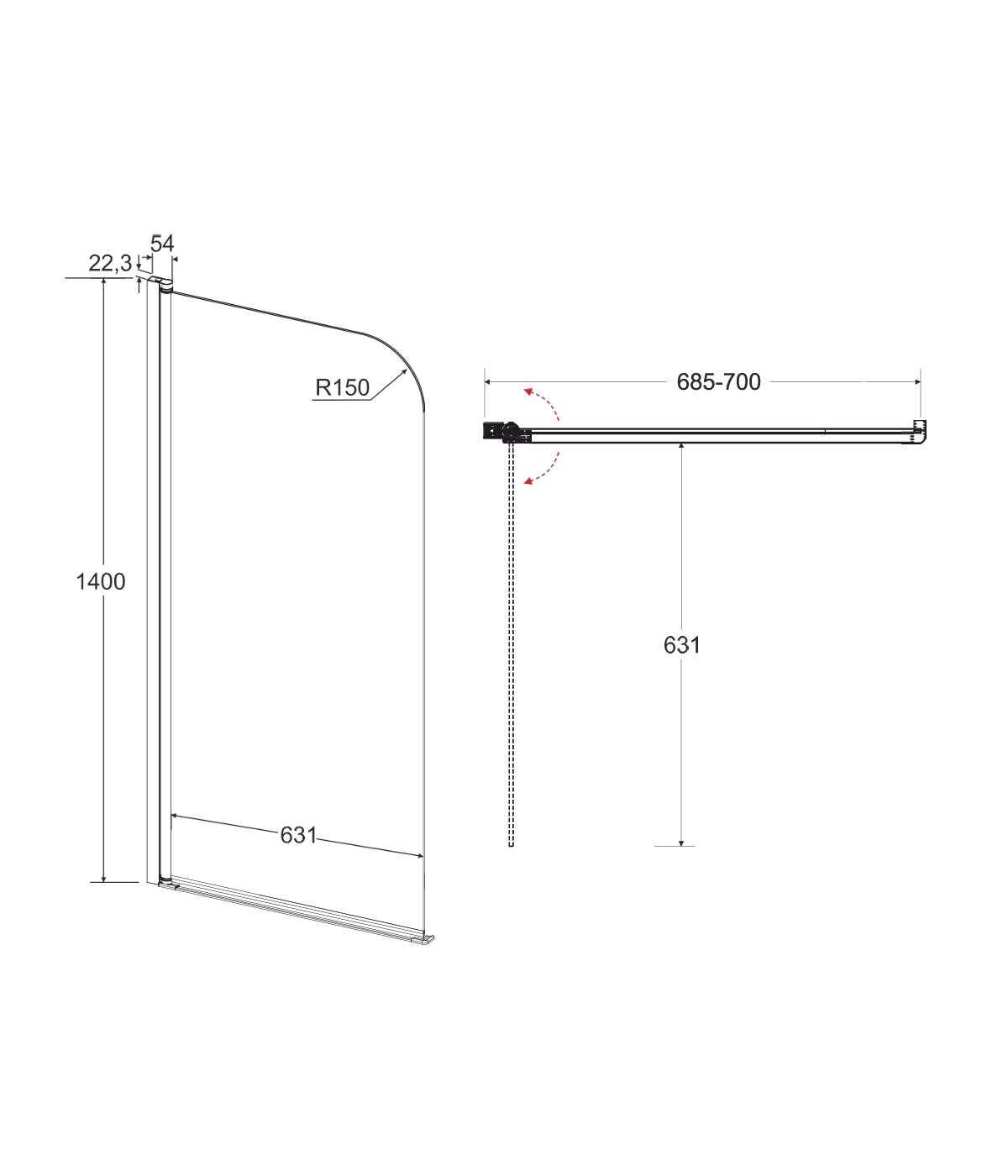 Badewannenabtrennung 1-teilig 70x140 PRIME BLACK 1 Glas 5 mm