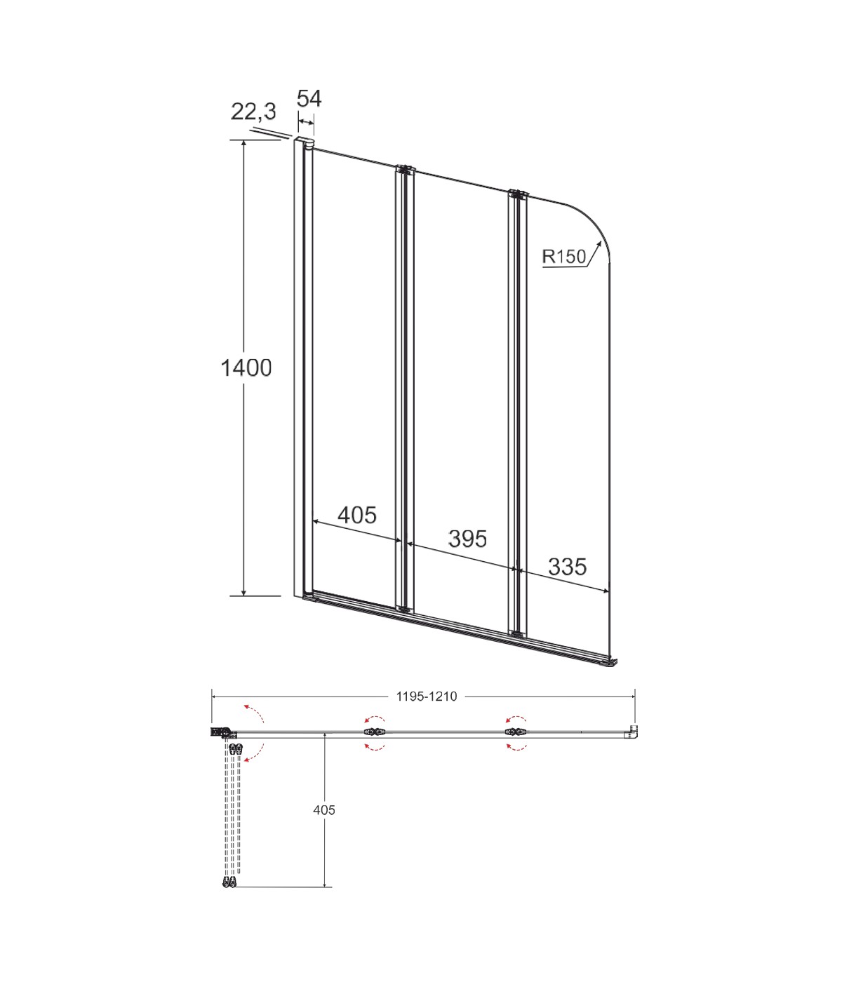 Badewannenabtrennung 3-teilig 120x140 PRIME BLACK 3 Glas 5 mm