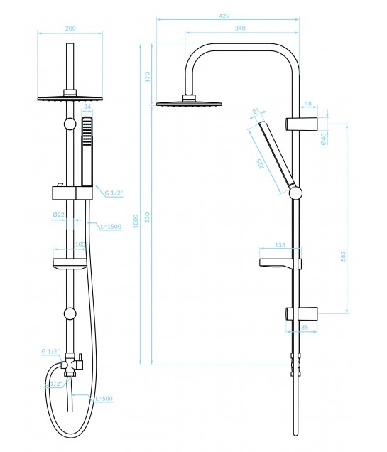 Regendusche ARES Schwarz Handbrause, Duschsystem