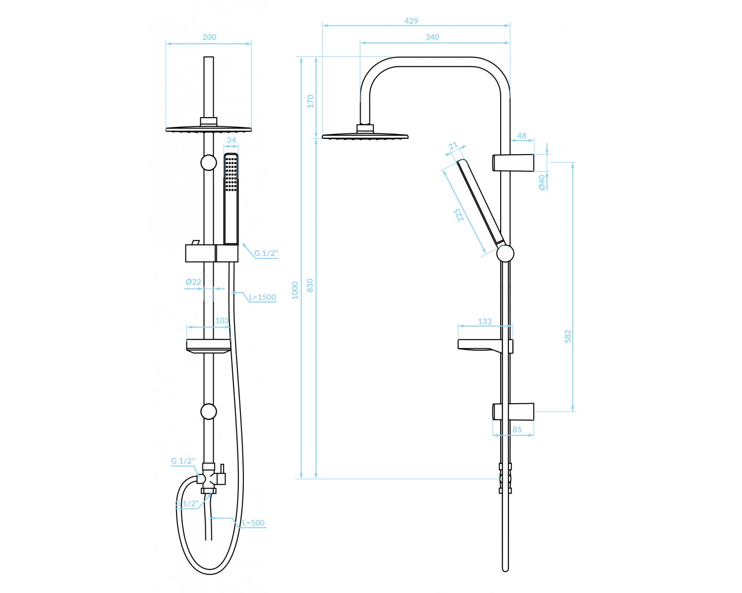 Regendusche ARES Schwarz Handbrause, Duschsystem