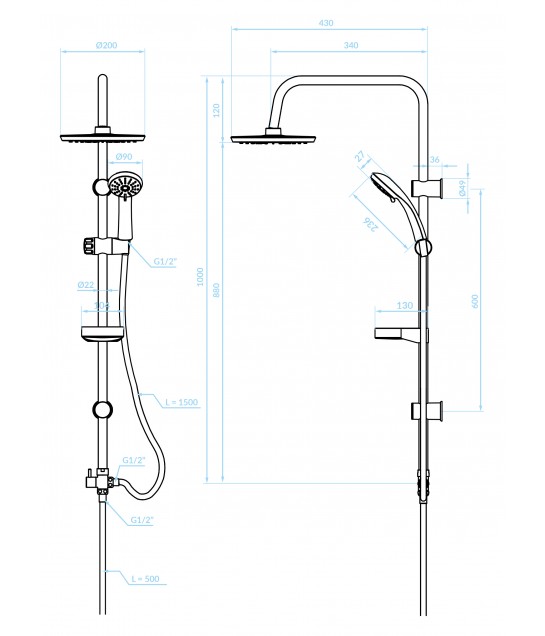 Regendusche CENTO Schwarz Handbrause, Duschsystem