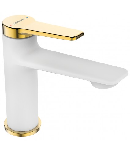 Waschtischarmatur Kleine ALANIS Weiß-Gold Badarmatur Waschtischbatterie + Click-Clack