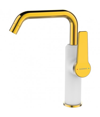 Waschtischarmatur Hoch ALANIS Weiß-Gold Badarmatur Waschtischbatterie + Click-Clack