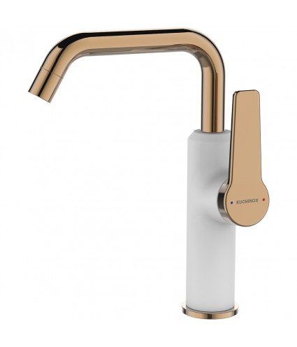 Waschtischarmatur Hoch ALANIS Weiß-Roségold Badarmatur Waschtischbatterie + Click-Clack