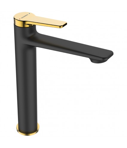 Waschtischarmatur Hoch ALANIS Schwarz-Gold Badarmatur Waschtischbatterie + Click-Clack