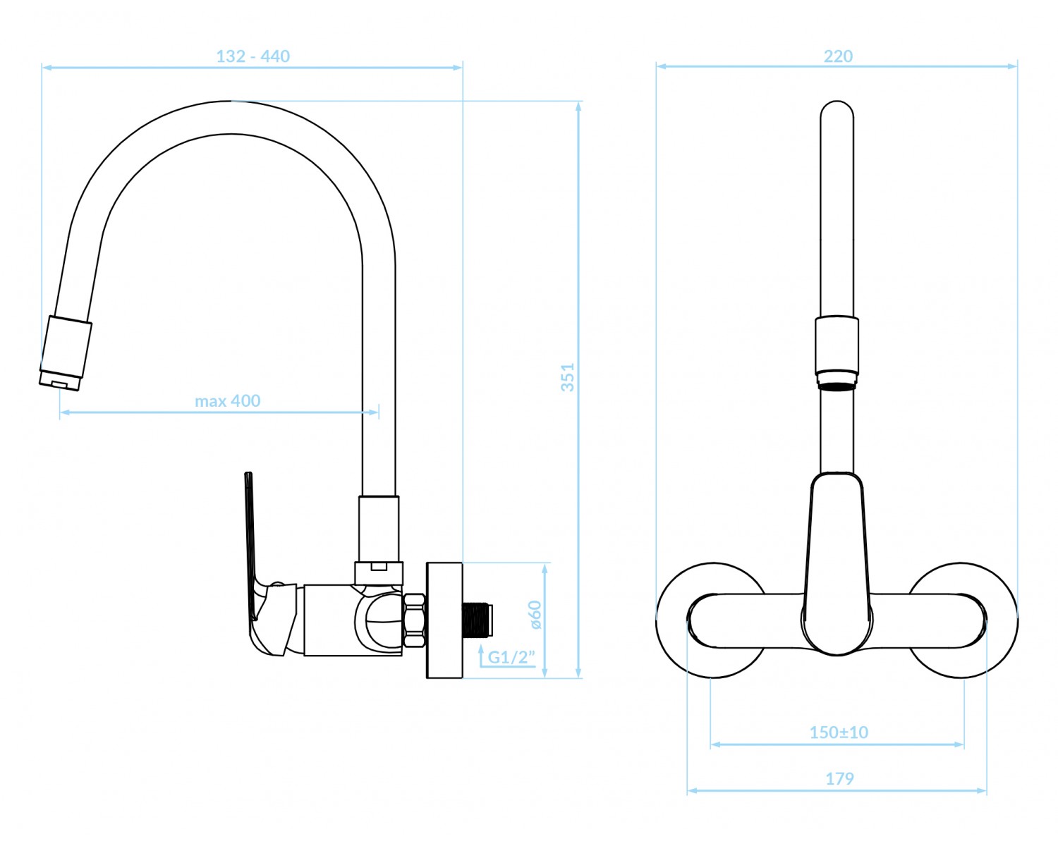Küchenarmatur Wandmontage ELZA Chrom-Schwarz Küchenmischer mit flexiblen Auslauf