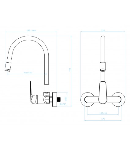 Küchenarmatur Wandmontage ELZA Chrom-Schwarz Küchenmischer mit flexiblen Auslauf