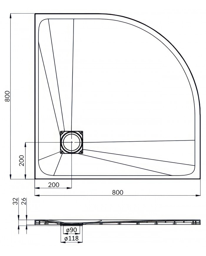 DUSCHWANNE VIERTELKREIS 80x80 VIDAR Steinoptik, Ablaufgarnitur GRATIS !