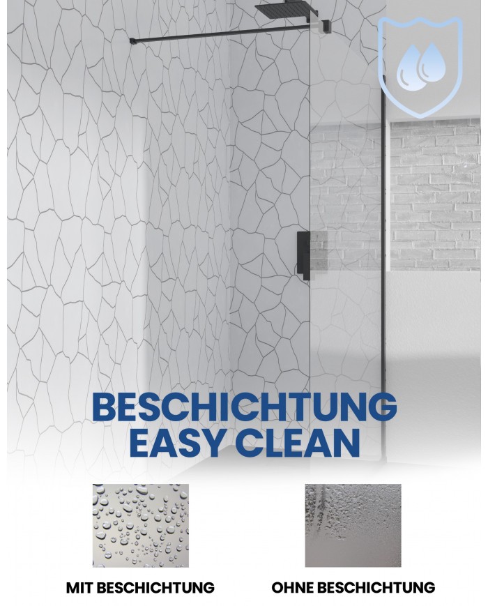Walk in Duschkabine 80x195 KETIL SCHWARZ Transparent Nano Glas 8 mm | Glaswand