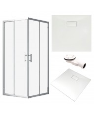 SET: DUSCHKABINE HELA + DUSCHWANNE VIDAR 80x80 193 cm - Quadratisch Weiß Nano Glas 6 mm Steinoptik SMC