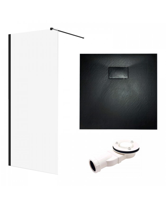 SET: WALK-IN KETIL + DUSCHWANNE VIDAR 90x90 198 cm - Quadratisch Steinoptik SMC Schwarz Transparent Nano Glas | Glaswand