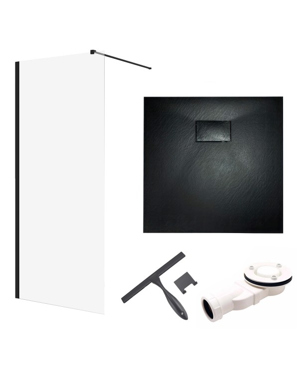 SET: WALK-IN KETIL + DUSCHWANNE VIDAR 90x90 198 cm - Quadratisch Steinoptik SMC Schwarz Transparent Nano Glas + Glaswischer