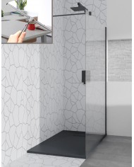 SET: WALK-IN KETIL + DUSCHWANNE VIDAR 90x90 198 cm - Quadratisch Steinoptik SMC Schwarz Transparent Nano Glas + Glaswischer