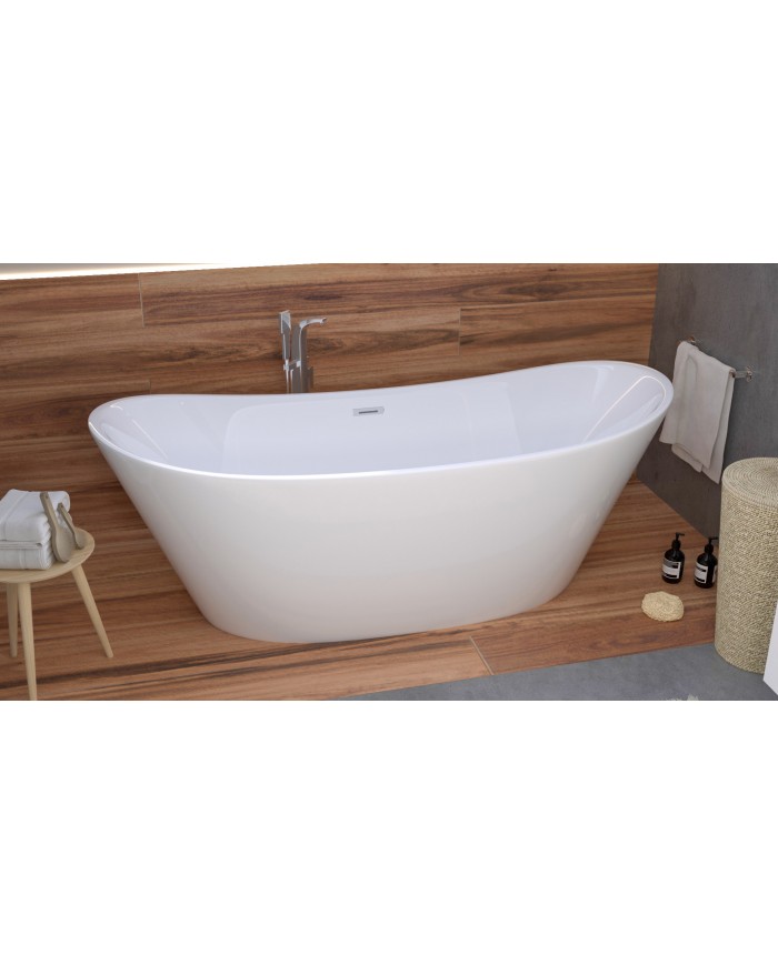 Freistehende Badewanne 170x80 ROSSA mit Kopfstütze & Bambus Ablage, Ablauf Click-Clack GRATIS !