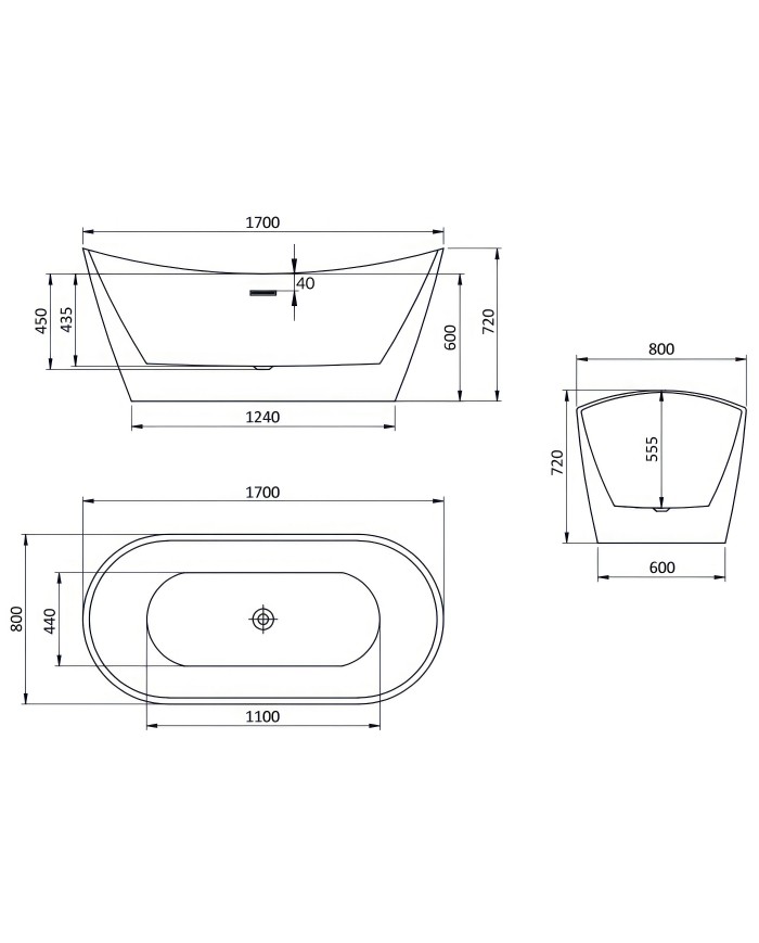 Freistehende Badewanne 170x80 ROSSA mit Kopfstütze & Bambus Ablage, Ablauf Click-Clack GRATIS !