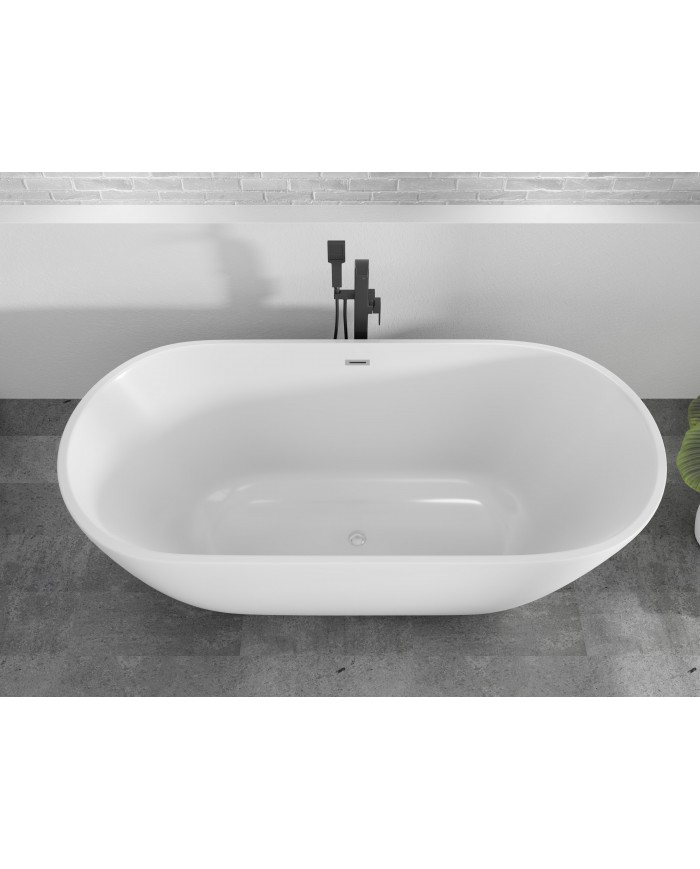 Freistehende Badewanne 170x75 ASGER mit Kopfstütze & Bambus Ablage, Ablauf Click-Clack GRATIS !