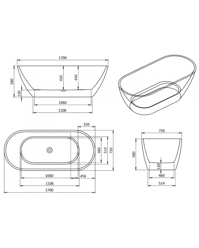 Freistehende Badewanne 170x75 ASGER mit Kopfstütze & Bambus Ablage, Ablauf Click-Clack GRATIS !