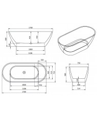 Freistehende Badewanne 170x75 ASGER mit Kopfstütze & Bambus Ablage, Ablauf Click-Clack GRATIS !