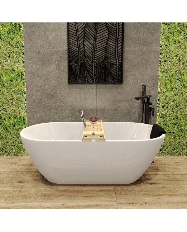 Freistehende Badewanne 170x75 ASGER mit Kopfstütze & Bambus Ablage, Ablauf Click-Clack GRATIS !