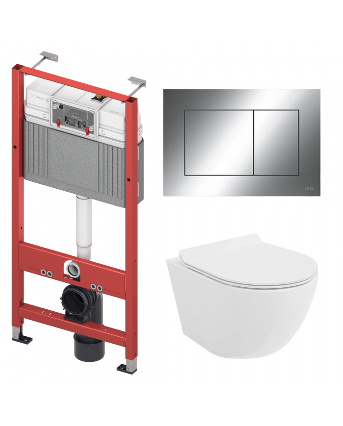 WC SET: Vorwandelement TECEbase + Toilette Rolo Weiß + Schallschutzmatte + Betätigungsplatte in Chrom