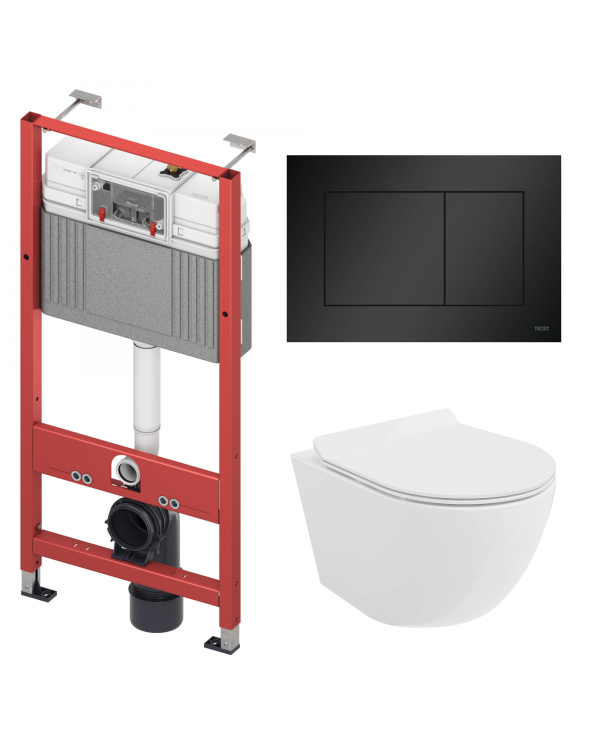 WC SET: Vorwandelement TECEbase + Toilette Rolo Weiß + Schallschutzmatte + Betätigungsplatte in Schwarz