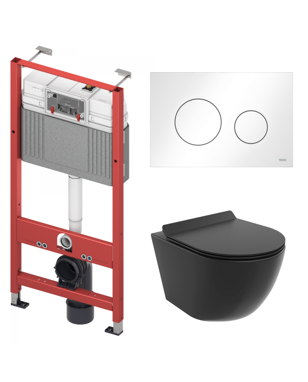WC SET: Vorwandelement TECEbase + Toilette Rolo Schwarz + Schallschutzmatte + Betätigungsplatte in Weiß