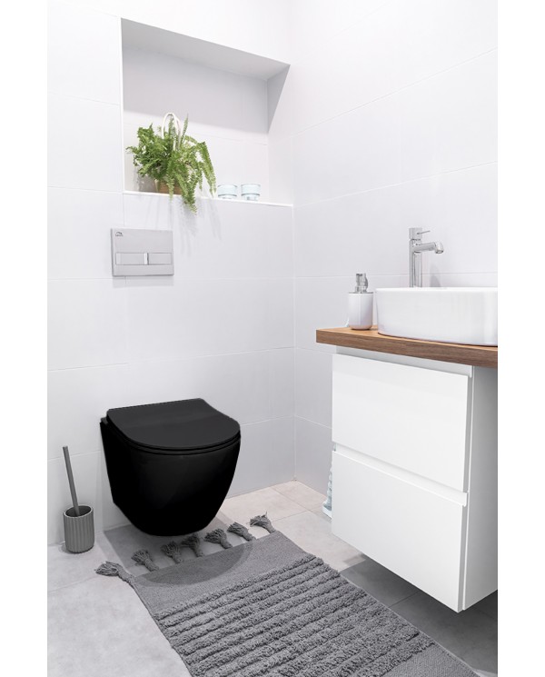 WC SET: Vorwandelement TECEbase + Toilette Rolo Schwarz + Schallschutzmatte + Betätigungsplatte in Weiß