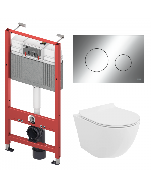WC SET: Vorwandelement TECEbase + Toilette Rolo Weiß + Schallschutzmatte + Betätigungsplatte in Chrom
