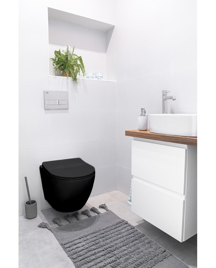 WC SET: Vorwandelement TECEbase + Toilette Rolo Schwarz + Schallschutzmatte + Betätigungsplatte in Schwarz