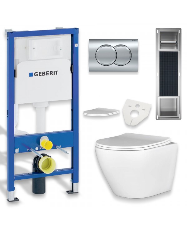 MEGA PACK: Vorwandelement Duofix + Toilette Slim Soft-Close ROLO Weiß + Matte + Wallbox und Platte in Chrom