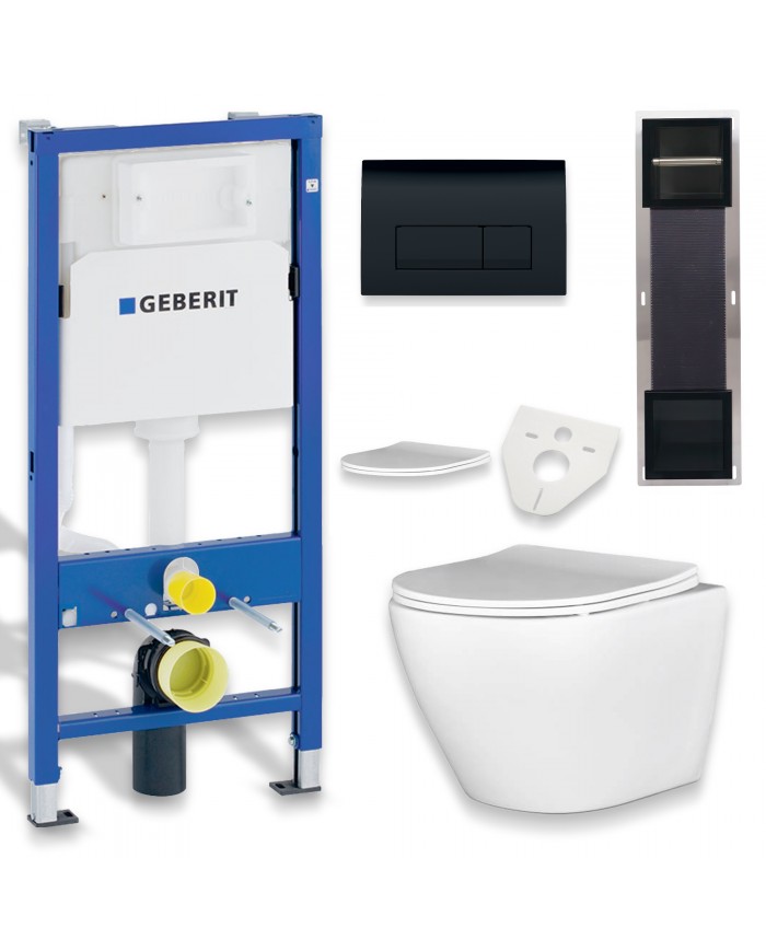 MEGA PACK: Vorwandelement Duofix + Toilette Slim Soft-Close ROLO Weiß + Matte + Wallbox und Platte in Schwarz