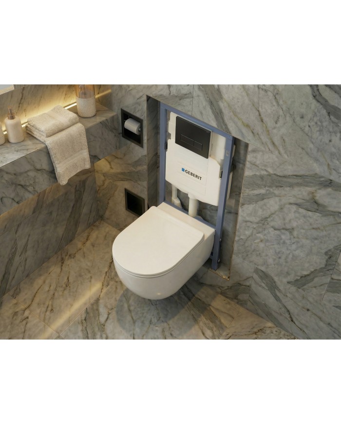 MEGA PACK: Vorwandelement Duofix + Toilette Slim Soft-Close ROLO Weiß + Matte + Wallbox und Platte in Schwarz