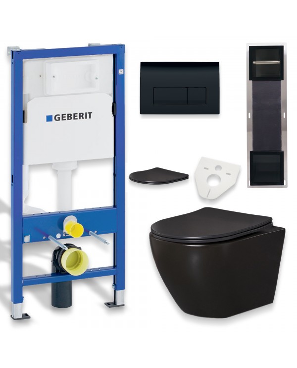 MEGA PACK: Vorwandelement Duofix + Toilette Slim Soft-Close ROLO Schwarz + Matte + Wallbox und Platte in Schwarz