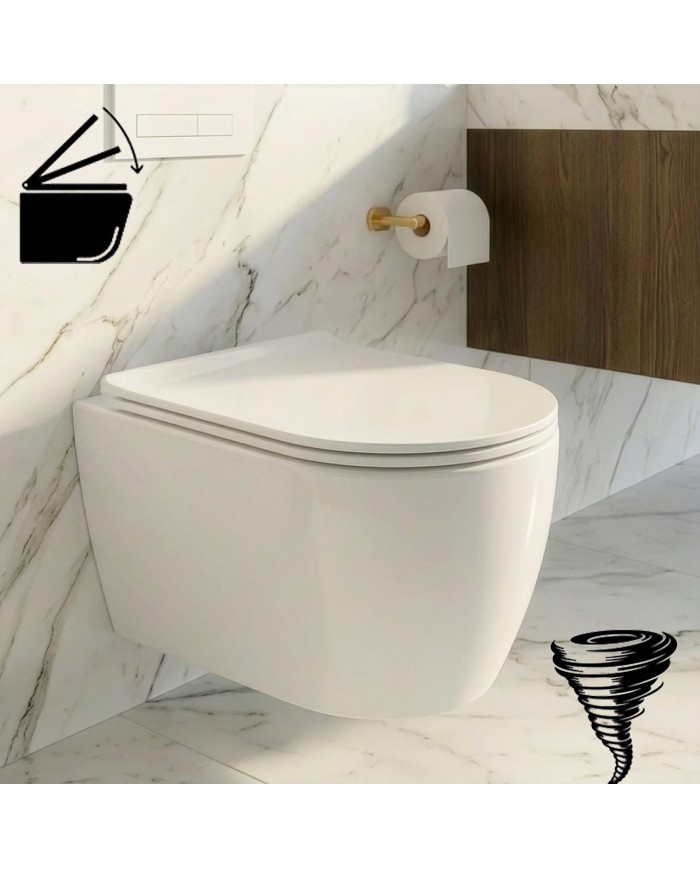 WC-Toilette: Schüssel VIRVEL Weiß mit Klosettsitz Slim Soft-Close Tornado-Spülsystem