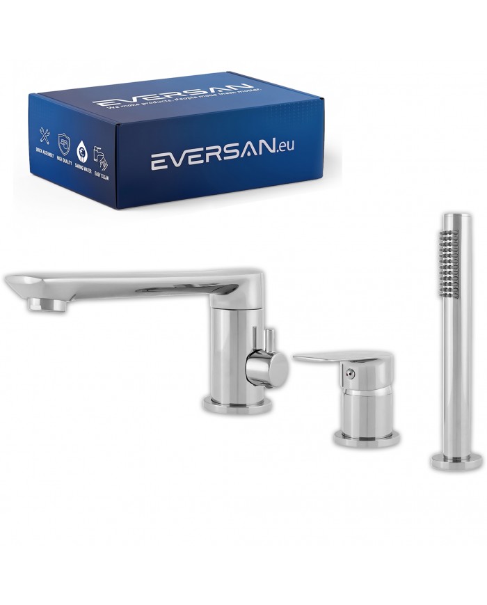 EVERSAN Wannenrandarmatur 3-Loch Oval LOKE Handbrause Brauseschlauch Chrom
