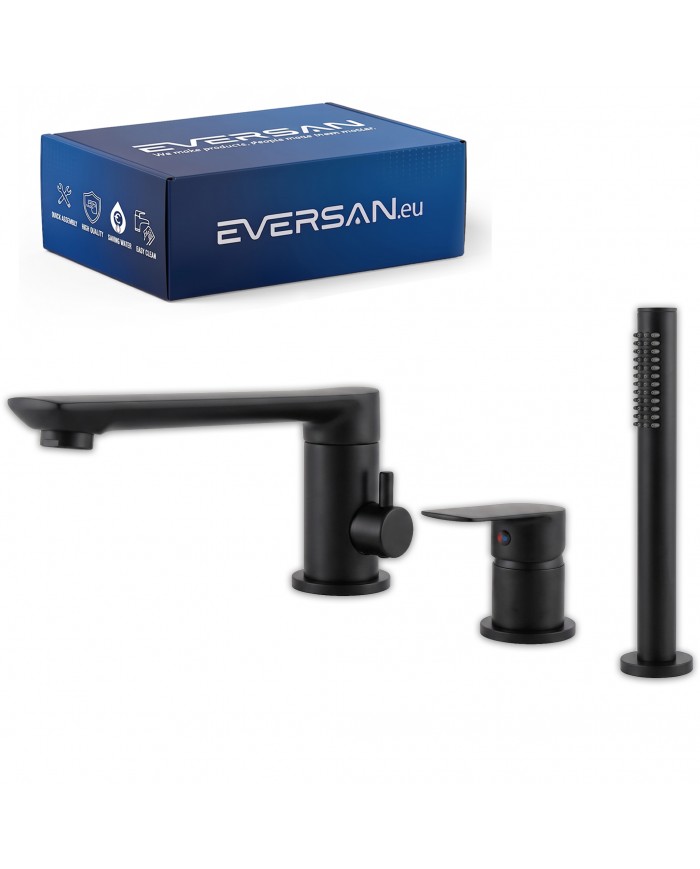 EVERSAN Wannenrandarmatur 3-Loch Oval LOKE Handbrause Brauseschlauch Schwarz