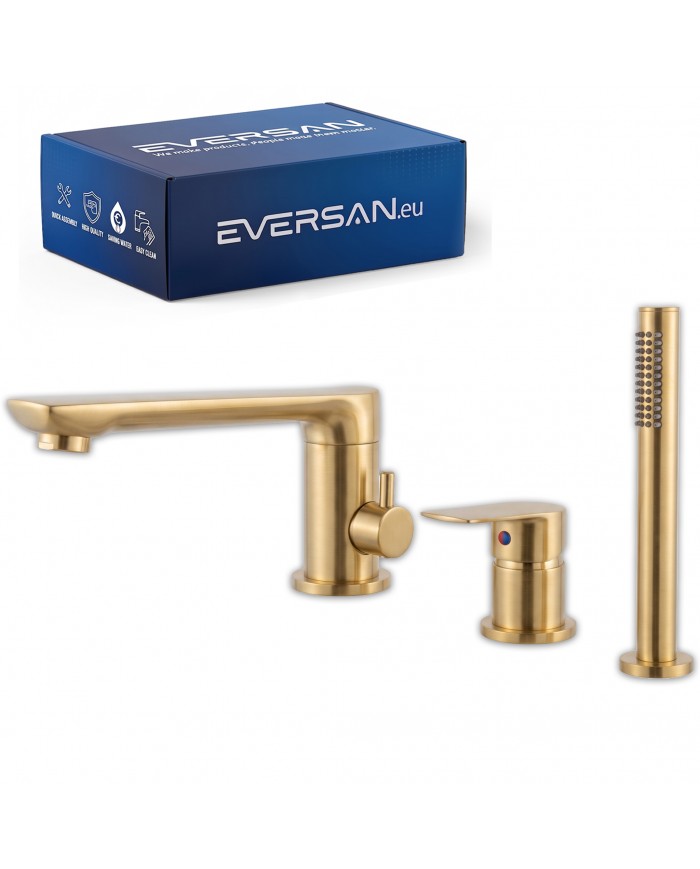 EVERSAN Wannenrandarmatur 3-Loch Oval LOKE Handbrause Brauseschlauch Gold gebürstet