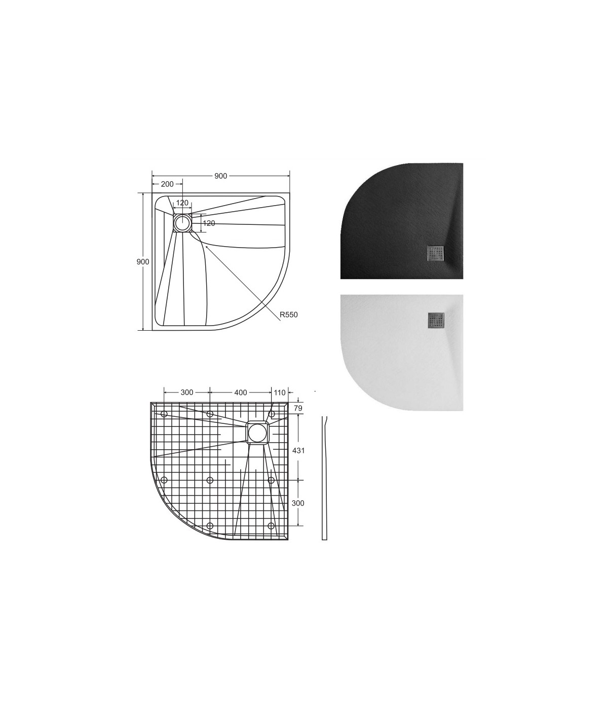 DUSCHWANNE VIERTELKREIS 90x90 VEXOS Ablaufgarnitur GRATIS !