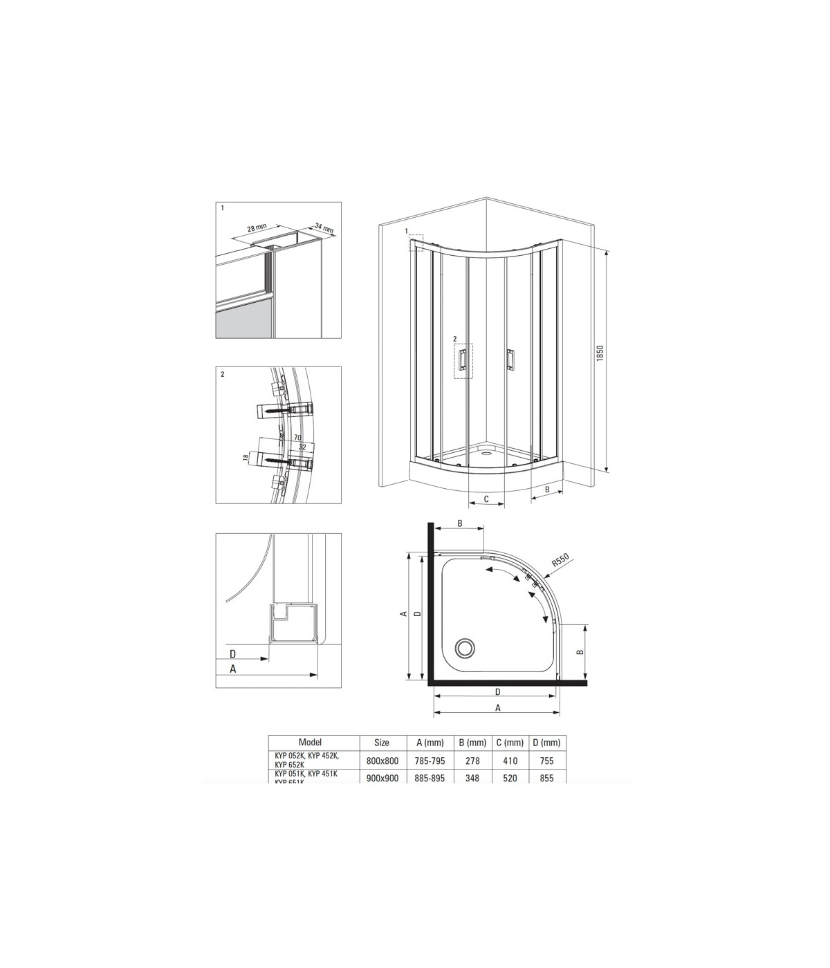 Duschkabine Duschwanne Transparentes Glas 80x80 185cm Halbrund