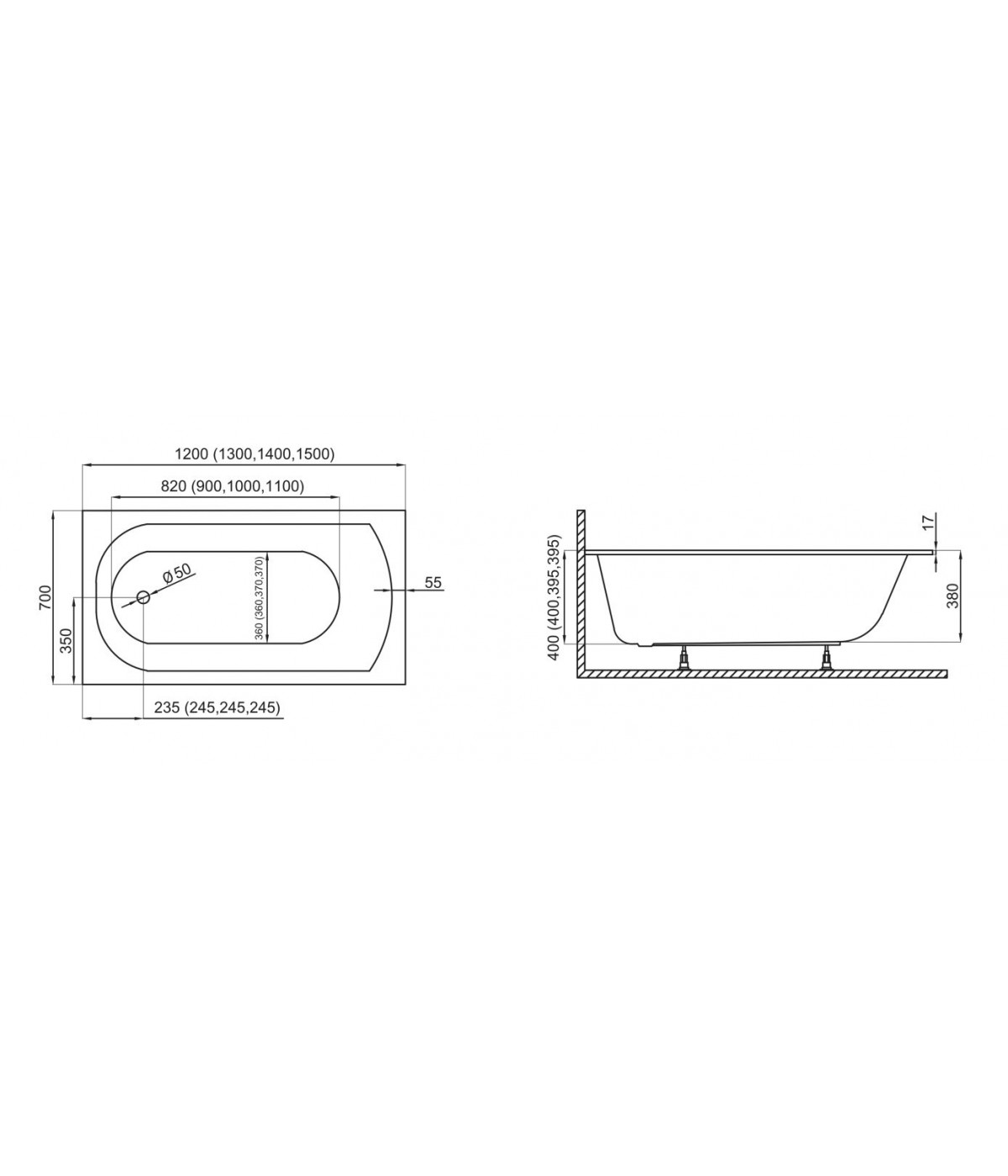 RECHTECK BADEWANNE SLIM 120x70 CLASSIC Ablaufgarnitur + Füße GRATIS !